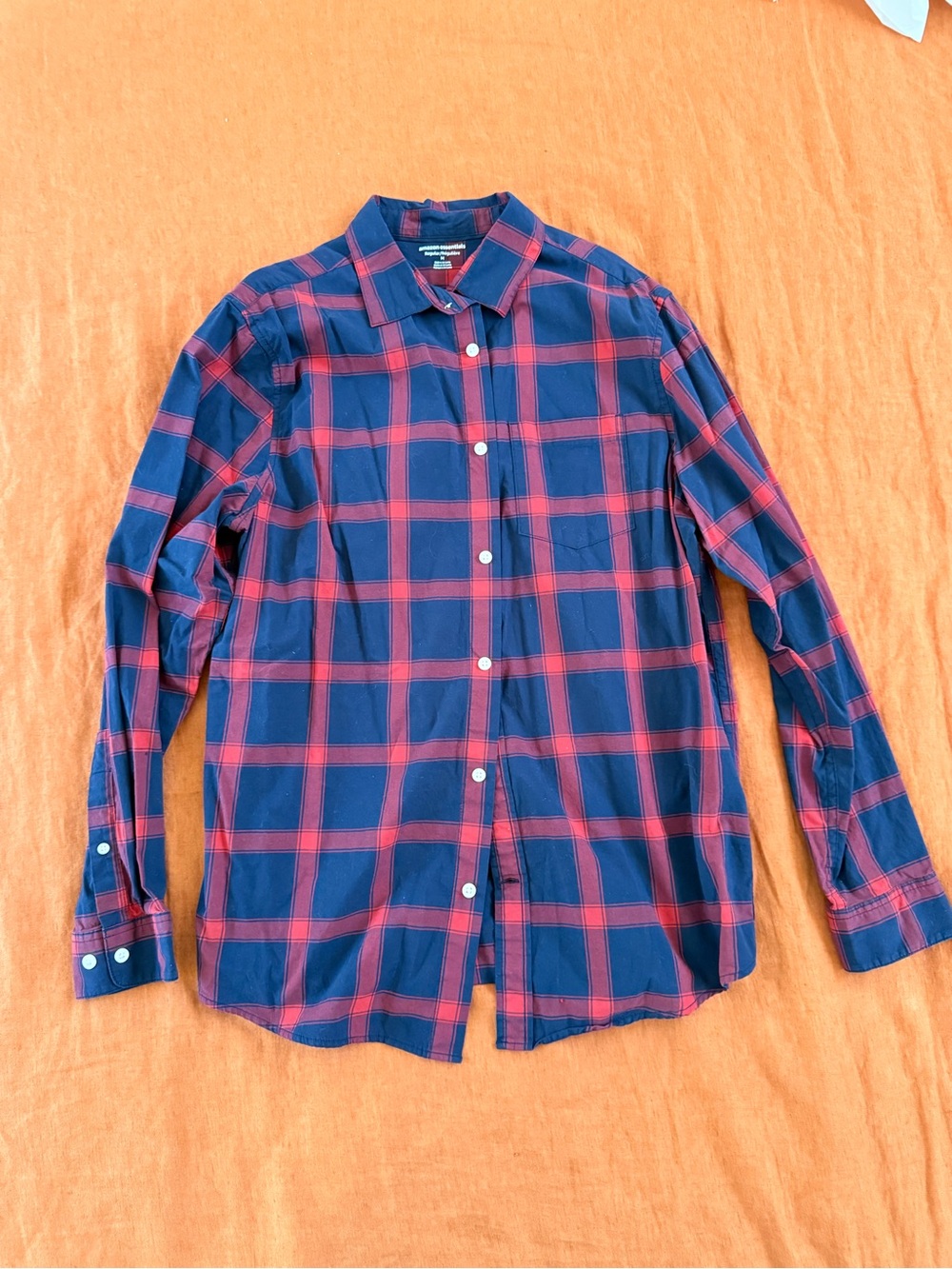 Amazon Essentials Navy and Red Plaid Long-Sleeve Button-Down Shirt